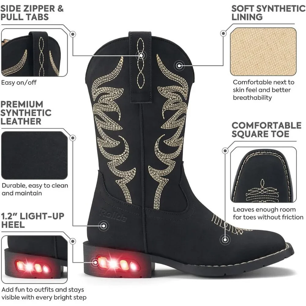 ⚡Girls Black Cowgirl Boots Light Up Kids Western Boots for Toddler Calf High